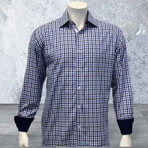 English Laundry Christopher Wicks White Blue Plaid Embroidered LS Shirt Size 16